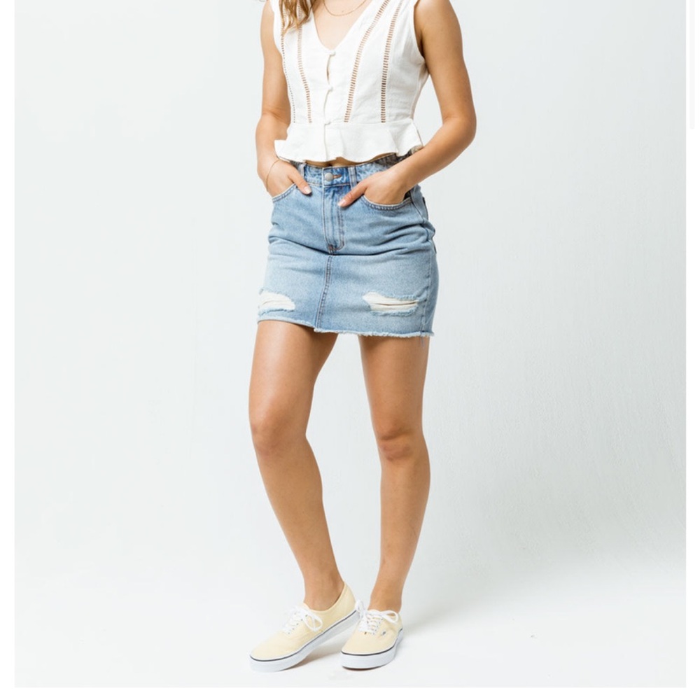 Billabong X Sincerely Jules Light Washed Distressed Mini Jean Skirt